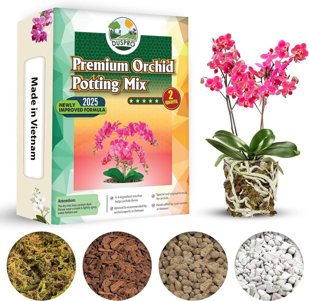 [Upgraded] DUSPRO Orchid Potting Mix for Repotting with Forest Moss, Pine Bark, Perlite & Pumice Natural Ingredients, Orchid Bark Potting Mix, Orchid Repotting Kit Drainage Indoor Potting Medium 2QT (EXP 12/31/26)