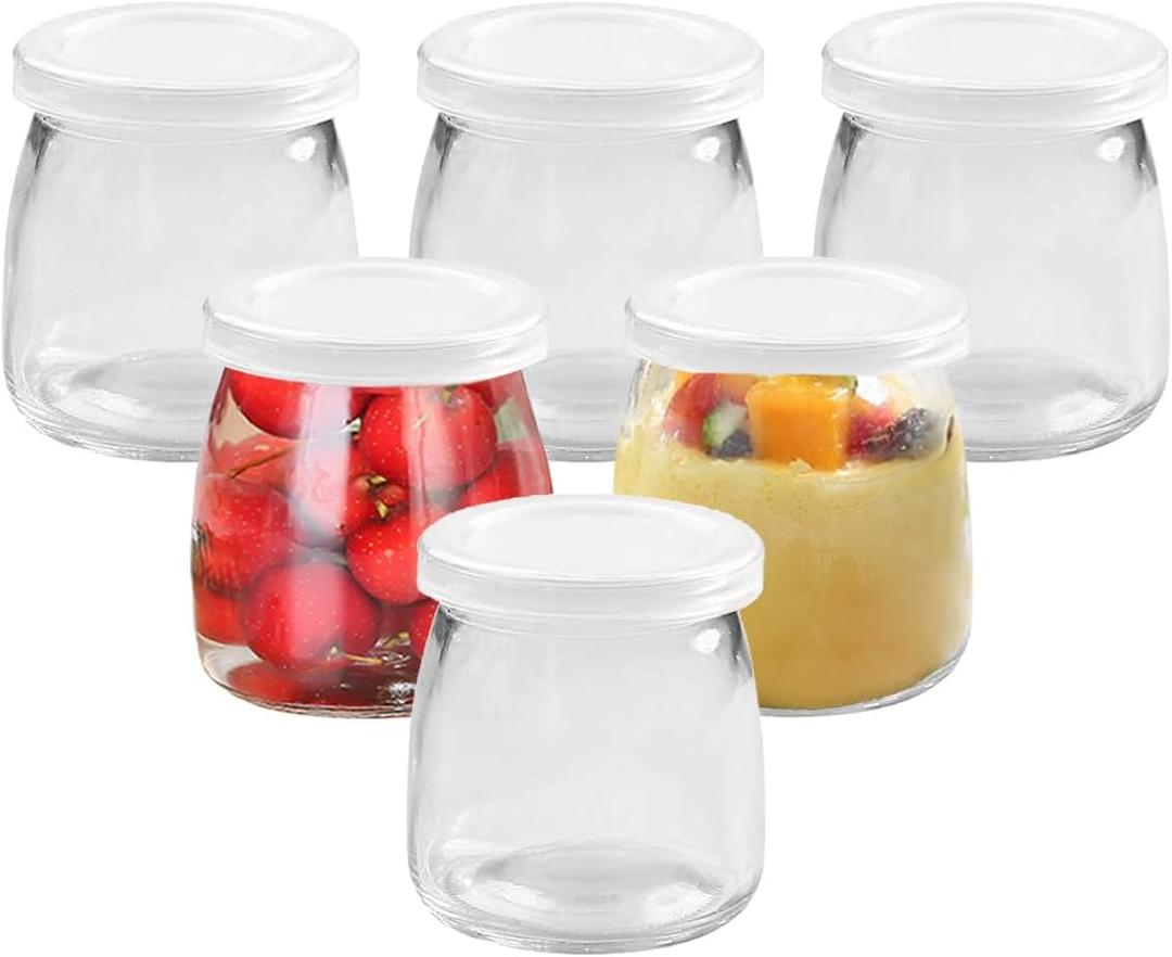 6 Pack 7oz Glass Yogurt Jars with Lids, Reusable Food Grade Glass Containers for Yogurt, Pudding, Jams, Jelly, Desserts, Wedding Party Favors