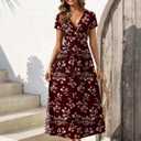 Gracyoga Women's Summer Dresses 2026 Short Sleeve Maxi Dress Casual V Neck Flowy Sundress with Pockets (Red, XL)