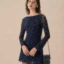 RIHOAS Women's Bodycon Mini Dress Boat Neck Long Sleeve Stretch Mesh Cocktail Wedding Guest Party Club Spring Summer Dress, Small, Blue