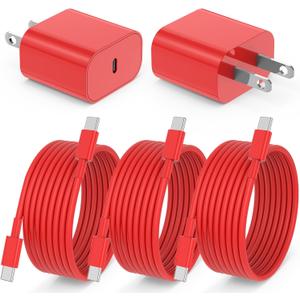 iPhone 15 Charger 10 Ft with 20w USB C Charger Block,2-Pack 20W Fast Wall Charger for 15/15 Pro/Pro Max/iPad Pro AirPods/Samsung and More, with 3 Pack 10ft USB-C Cable (Red)