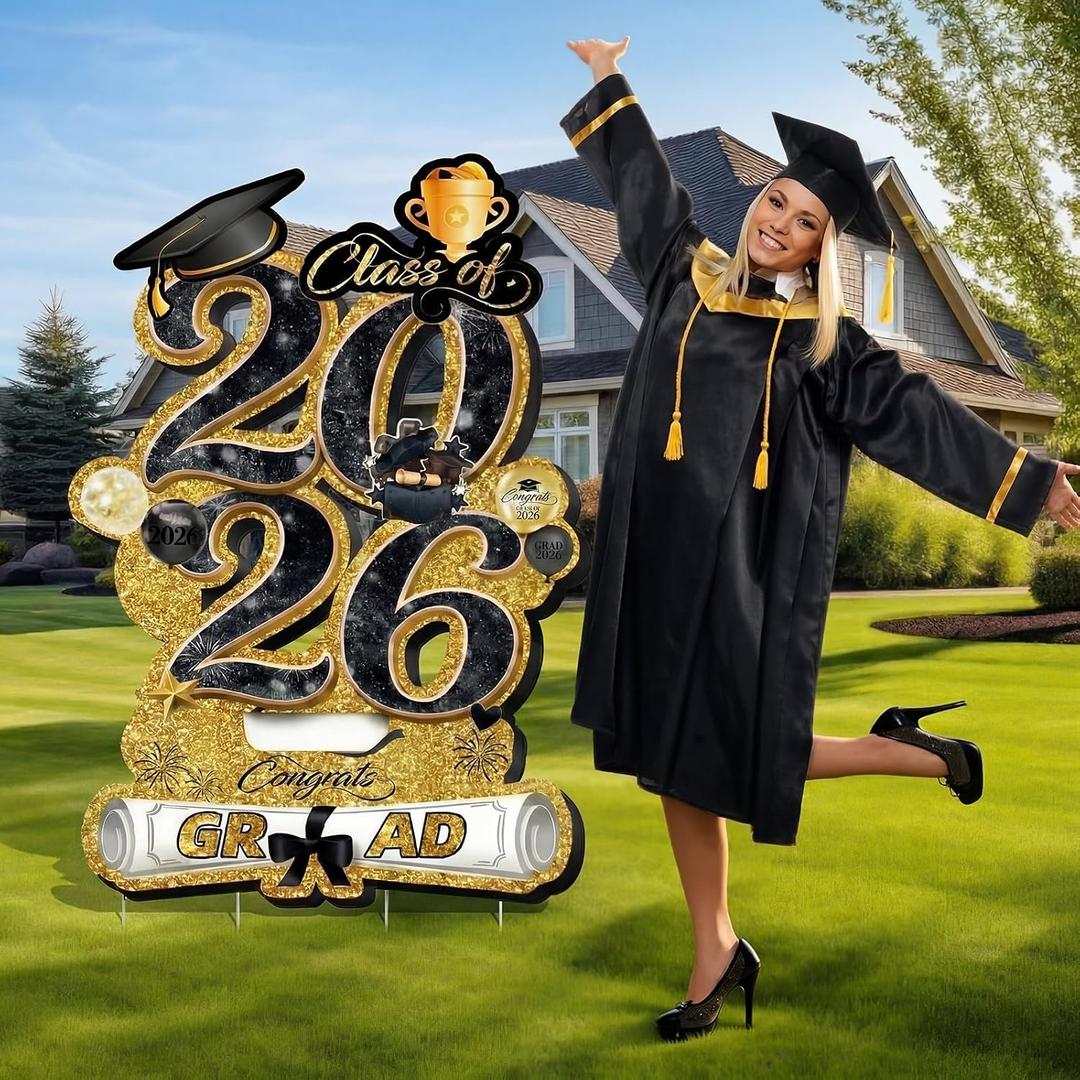 Silkfly Graduation Yard Sign with Stakes Extra Large 47.2 Inch DIY Name Graduation Decorations Class of 2026 Waterproof Foldable Congrats Grad Lawn Signs for School College(Irregular, Black Gold)