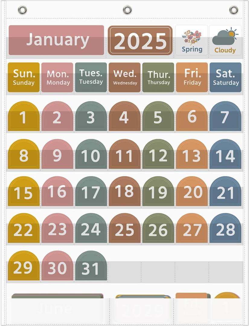 REGELETO Large White Calendar Pocket Chart with Boho 96 Cards for Classroom, Size:32.25 x 24.13 inch Monthly Calendar and Weather Pocket Chart for Kids Learning for Home or KindergartenWhite