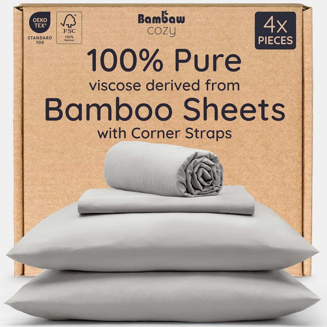 Bambaw 100% Viscose Derived from Bamboo Bed Sheets Full Size Set  4pcs Breathable & Cooling Sheet Set for Hot Sleepers, Super Soft Full Size Sheets, with Elastic Corner Straps (Moonlight Gray)