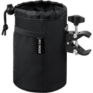 Belinous Motorcycle Cup Holder with 0.75"-1.5" Alligator Clamp, Drink Holder up to 32oz with Mesh Pockets, Universal Water Bottle Holder for Motorcycle, Bicycle, ATV, Wheelchair, e-Bike, Boat (Black)