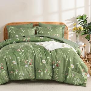 Drucon Comforter Set King Size, 7 Pieces Sage Green Floral Comforter Sets, Reversible Botanical Bed in a Bag Soft Lightweight Microfiber Bedding Sets for All Seasons (90"x104")