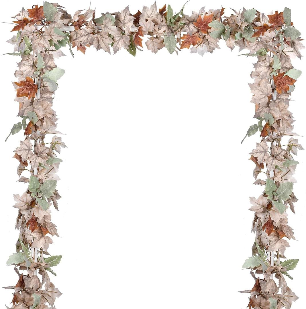 DearHouse 2 Pack Fall Maple Leaf Vine, 5.9Ft/Piece Hanging Garland White Autumn Foliage Thanksgiving Decor for Home Wedding Fireplace Party Christmas (White & Orange)