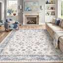 HUGEAR Area Rug 8x10 Vintage Blue Machine Washable Living Room Rugs Distressed Retro Floral Vacuumable Low Pile Carpet Bedroom Office Dining Farmhouse Playroom Non Slip