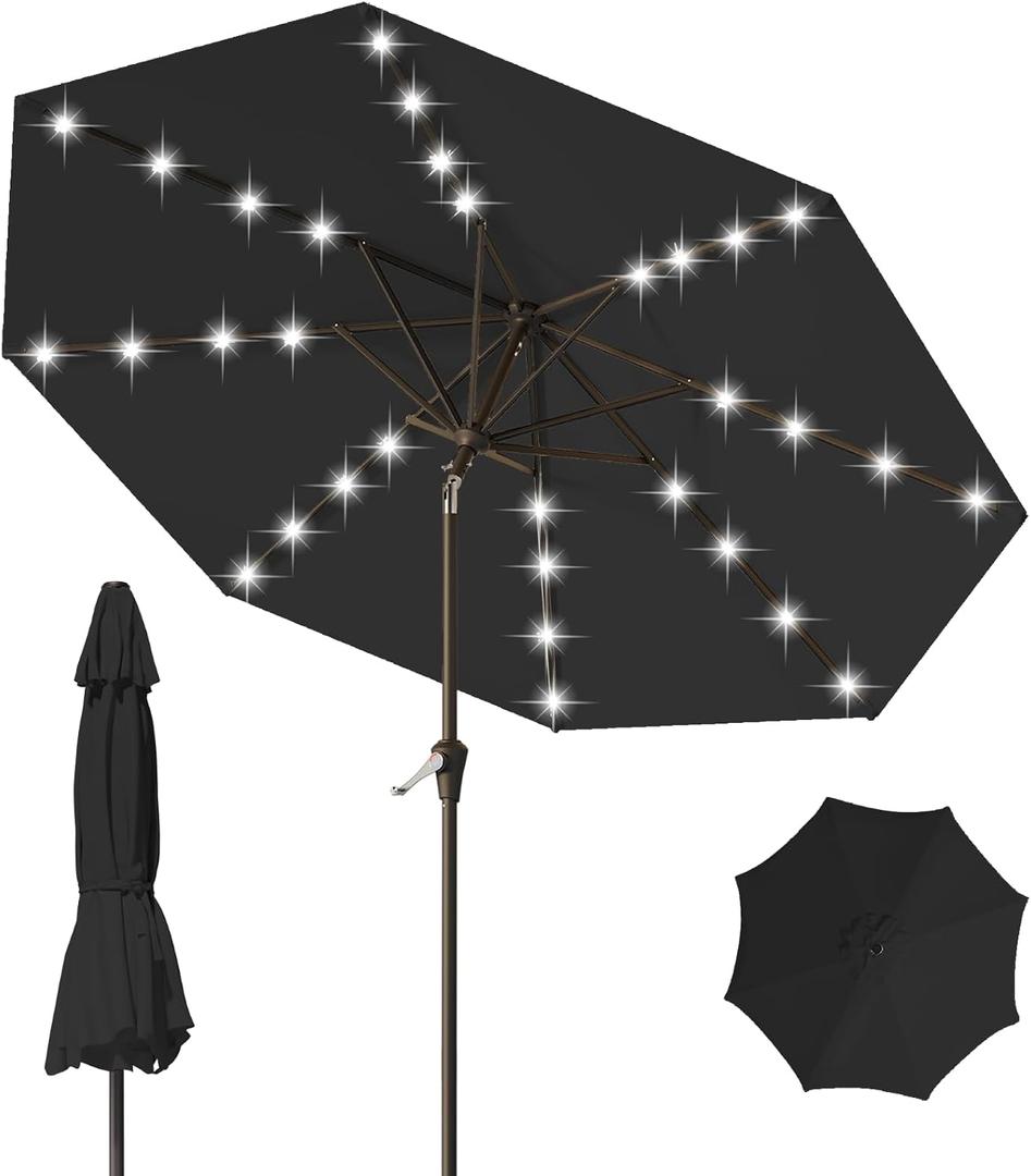 9FT Patio Umbrella with Solar Lights,Outdoor Market Umbrella with Tilt and Crank, LED Lighted Table Umbrella for Garden,Deck,Backyard,Pool,Beach (Black)