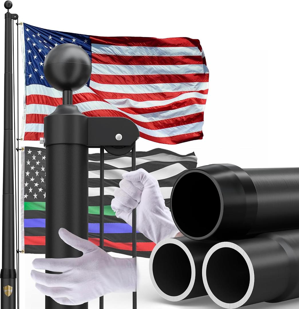 20FT Heavy Duty Flag Pole for Outside House Flared Aluminum Pole with 2.4'' Wide Base, Wind-Tested 100MPH, Complete Flagpole Kit with 3x5 USA Flag for Yard & Outdoor Display, 20FT, Black 