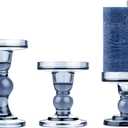 KiaoTime Set of 3 Glass Pillar Candle Holder Candlestick Taper Candle Set Crystal Blue Candlesticks Holder for Home Fireplace Table Bath Wedding Decoration