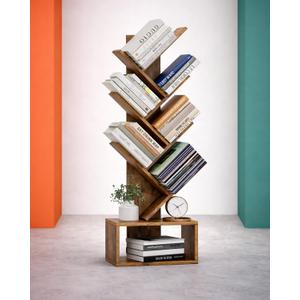 6 Tier Tree Book Shelf - Small Bookshelf Decor, Corner Bookshelf, Living Room Storage, Tall Narrow DVD & CD Shelf Storage Bookshelves, Comic Bookcases Standing for Bedroom or Office, Rustic Brown
