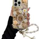 iFiLOVE for iPhone 13 Bling Diamond Case with Flower Strap, 3D Luxury Sparkle Glitter Crystal Rhinestone Pearl Love Rose Wristband Bracelet Case Cover for Girls Women Kids (Champagne)