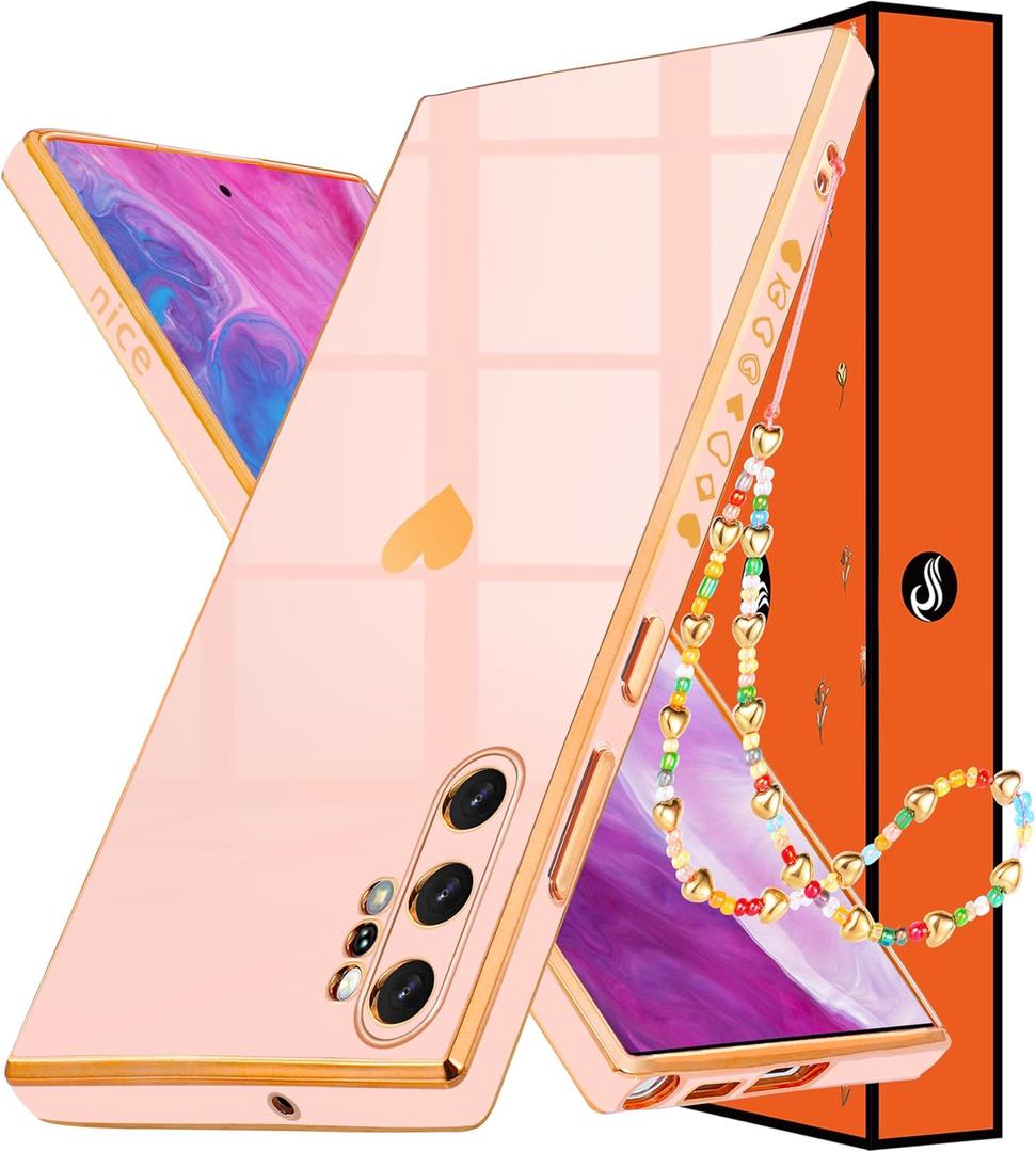 Shorogyt (3in1 Heart Case for Samsung Galaxy Note 10 Plus 5G/4G 6.8 Inch Women Cute Aesthetic Love Hearts Pattern Girls Gold Luxury Girly Design Cases Trendy Cover+Chain for Note 10+ 6.8 (Pink)