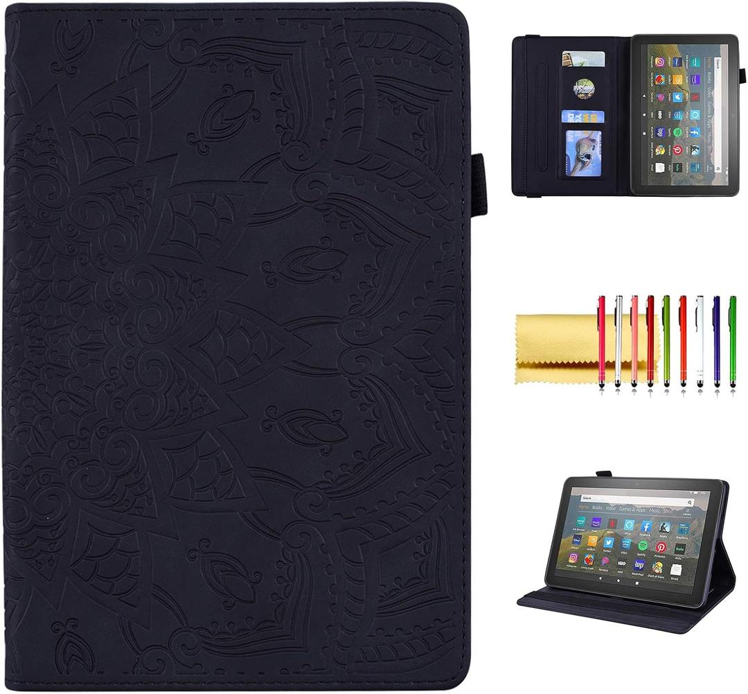 Case for Amazon Fire HD 8 2024 2022 2020/8 Plus 12th 10th Gen, Techcircle Mandala Embossed PU Leather Folio Stand Soft TPU Back Cover Slim Lightweight Elastic Band Protective Case w/Card Slots, Black