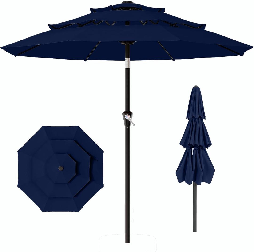 AreShark 9ft 3-Tier Patio Umbrellas, Outdoor Umbrella with 8 Sturdy Ribs UV Protection Windproof, Market Table Umbrella w/Push Button Tilt & Crank for Pool, Porch, Deck, Garden(Navy)