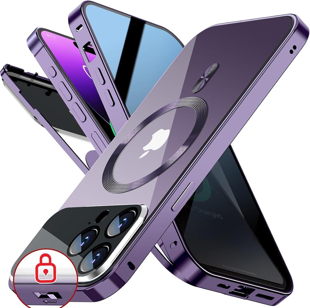 [Full Camera Protection& Mechanical Lock]Magnetic Privacy Case for iPhone 14 Pro [Compatible with MagSafe] [CD Metal Ring]Full Body Shockproof Metal Bumper, 9H Anti Peeping Glass Cover-Purple