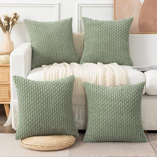UGASA Soft Corduroy Pillow Covers Pack of 4 Boho Stripe Decorative Pillow Covers Pillowcases 18x18 Inch Home Decor Modern Farmhouse for Sofa Living Room Couch Bed, Sage Green