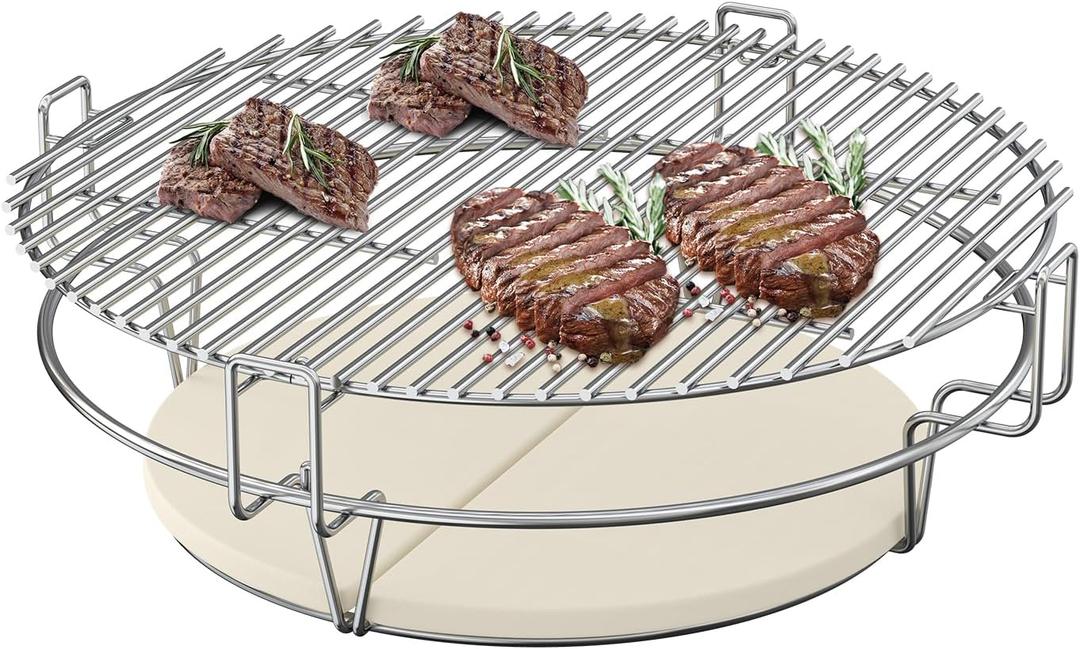 SafBbcue Upgraded Grill Grate for Kamado Joe Classic & Other Kamado Grill, 18 Inch Cooking System Kit for Large Big Green Egg BGE Charcoal Grill, Flexible Grill Grate Base Set with Heat Deflector