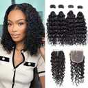 Foruiya Water Wave 4Bundles(50g/bundle) with 4X4 Lace Closure Curly Wave Human Hair Bundles with Lace Closure Brazilian Wet and Wavy Bundles with Closure (12/12/12/12+12" Closure)