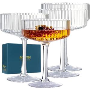 Coupe Glasses Set Of 4 Vintage Glassware Champagne Martini Cocktail Crystal Wine Glasses Fluted Ribbed Coupe Glasses Gifts Housewarming Weddings Aniversary 10 Oz