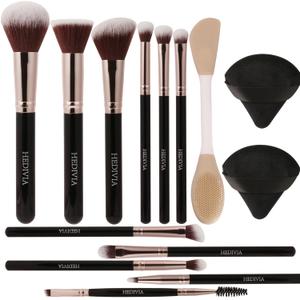 black Makeup Brushes Set 14 Pcs Professional, Synthetic Foundation Concealer Powder Blush Eyeshadow Brushes with 2 Powder Puffs & Dual-ended Mask Applicator, Gifts for Women Teen Girls