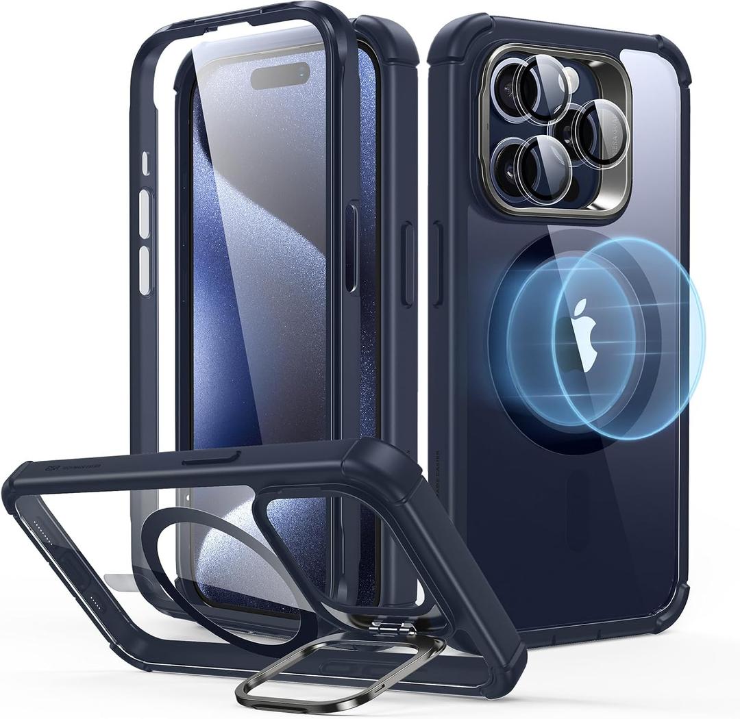 ESR for iPhone 15 Pro Case, Compatible with MagSafe, Full-Body Military-Grade Drop Proof Case for iPhone 15 Pro with Built-in 9H+ Tempered Glass Screen Protector and Stand, Clear Dark Blue