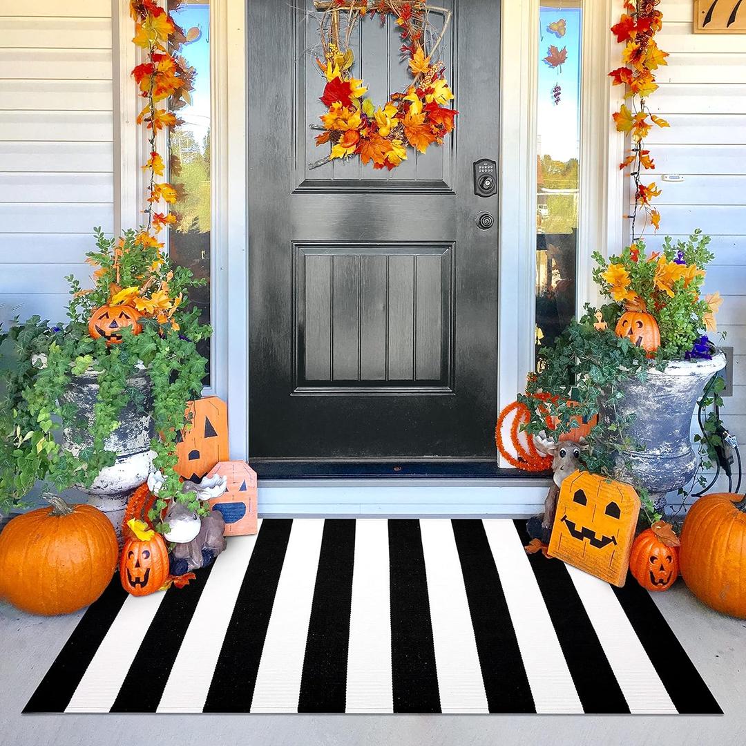 KILOCOCO Black White Striped Rug - 3'X5' Front Door Mat Outdoor, Welcome Mats Rugs Cotton Washable Front Porch Rug Layered Doormats for Kitchen Farmhouse Entryway