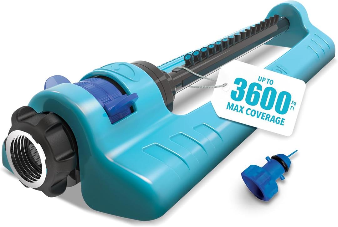 Aqua Joe Oscillating Sprinkler with Adjustable Spray, 16 Clog-Resistant Nozzles, Metal Base & 3600 Square Foot Coverage, Compatible with Garden Hoses  Light Blue, 3600 - Square Foot Coverage