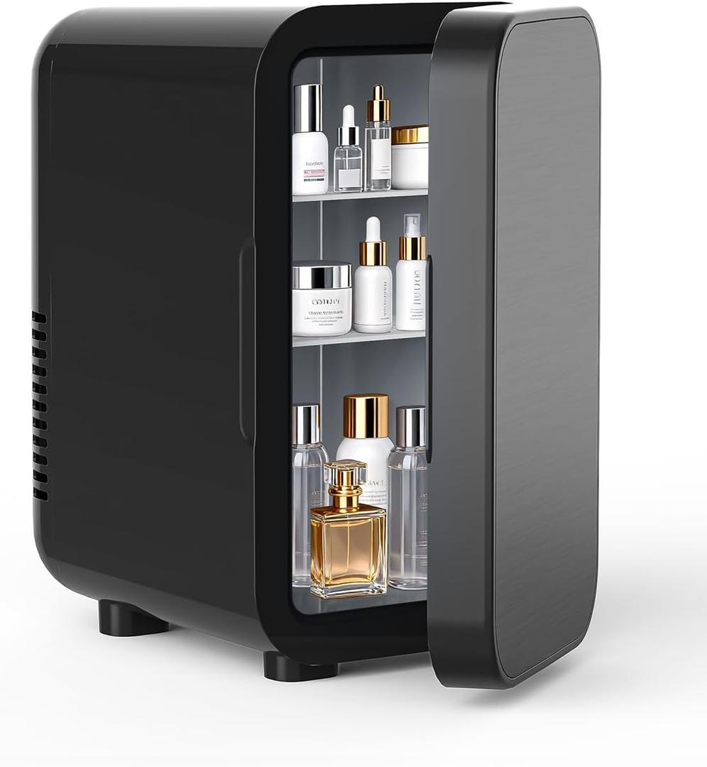 FANSEXPERT Skincare Fridge with Glass Panel, 6L Mini Fridge for Home/Car, AC/DC Portable Thermoelectric Cooler and Warmer, Makeup Mini Compact Refrigerator for Skincare Cosmetics Food Drinks (Black)
