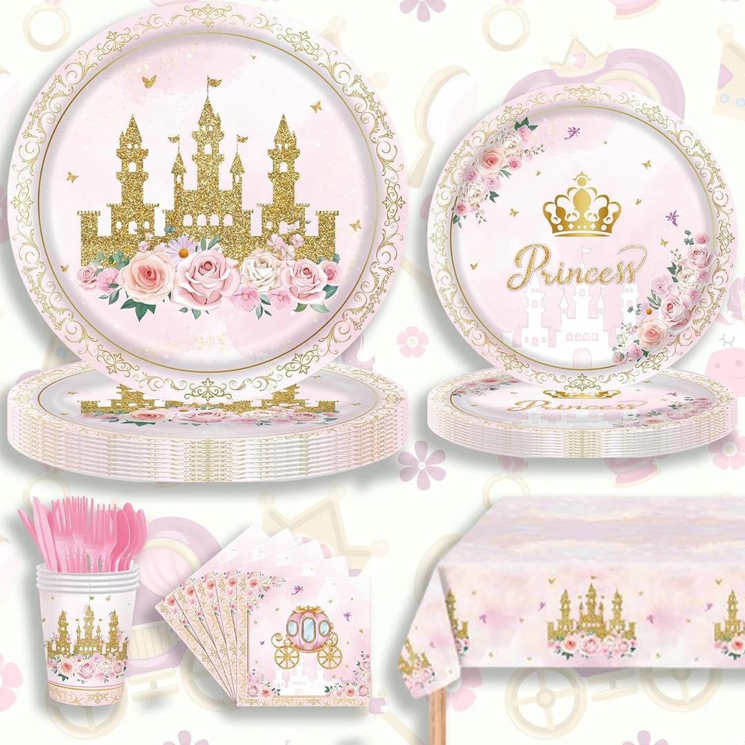 Pink Castle Party Supplies Set, Princess Theme 141 Pieces with Plates, Napkins, Cups and Tableware for 20 Guest Pink Castle Design Cuterly for Princess Party