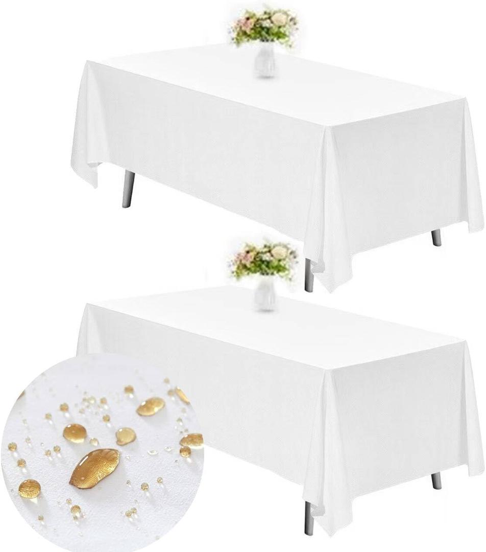 TWINPRET Rectangle Tablecloth 60 x 102 Inch, White Waterproof Washable Polyester Table Cloth - Stain & Oil Resistant Rectangular Table Cover for Banquet & Party (Fits 6 Foot Tables) [2 Pack]