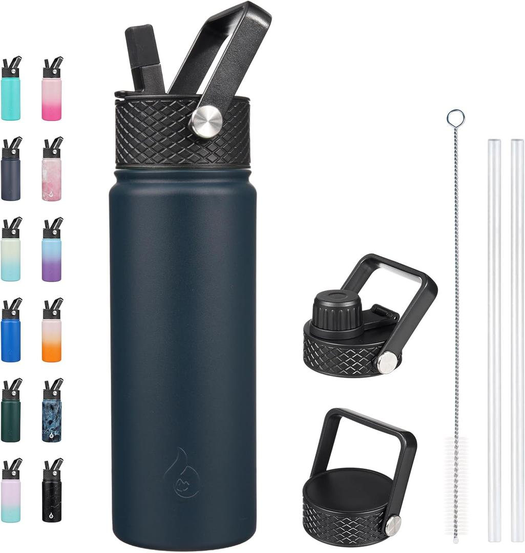 BJPKPK Insulated Water Bottles with Straw Lid, 22oz Cold & Hot Thermos, Stainless Steel Metal Water Bottle with 3 Lids, Reusable Thermos, Cups, Mugs for Daily Use-Navy Blue (22 Ounces, Navy Blue)
