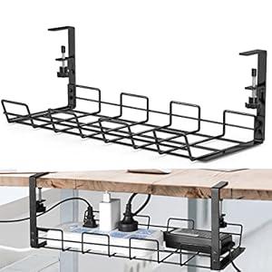 No Drill Under Desk Cable Management Tray, Desk Wire Management Cable Tray Sturdy Metal Wire Organizer Under Desk Basket for Office and Home Standing Desk -Black