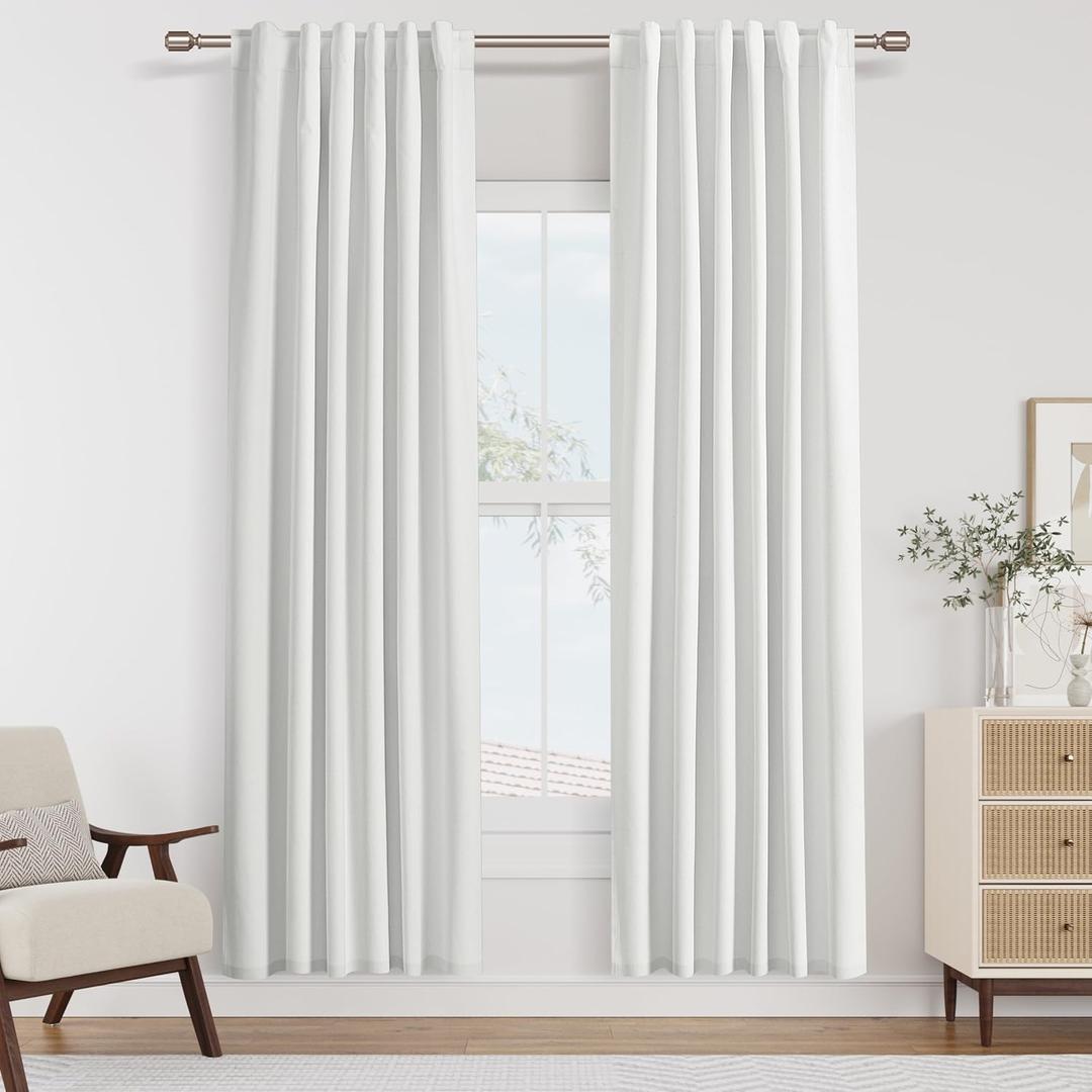 Guken White 100% Blackout Linen Curtains 80 Inch Length 2 Panels Set for Living Room Back Tab/Rod Pocket Thermal Insulated Black Out Drapes Farmhouse Style for Bedroom Window Curtain 40 Wide,40x80