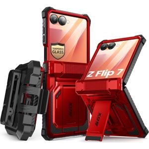 i-Blason for Samsung Galaxy Z Flip 7 Case with Stand, [Tempered Glass Screen Protector] [Hinge Protection] [Belt-Clip], Full-Body Military Protection Phone Case for Samsung Z Flip 7, Armorbox, Red (Ruddy)