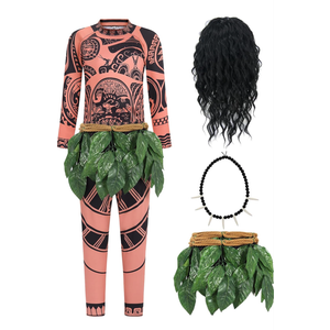 Red Modern Underwater Floral Cotton Mens Costume with Black Wig & Necklace for Adult Males Cosplay, 3XL