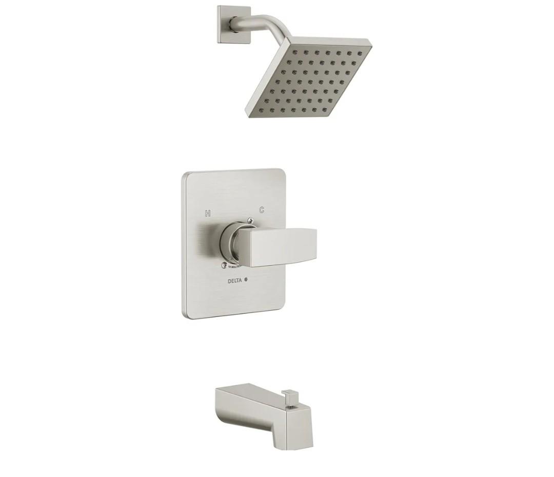 Delta Faucet Modern Brushed Nickel Tub and Shower Trim Kit, Shower Faucet with Single-Spray Touch-Clean Shower Head, Stainless T14467-SS-PP (Valve Not Included)