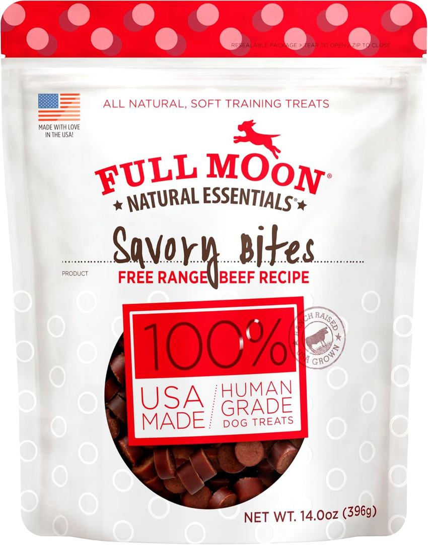 Full Moon All Natural Human Grade Dog Treats, Essential Beef Savory Bites, 14 Ounce (EXP 03/30/26)