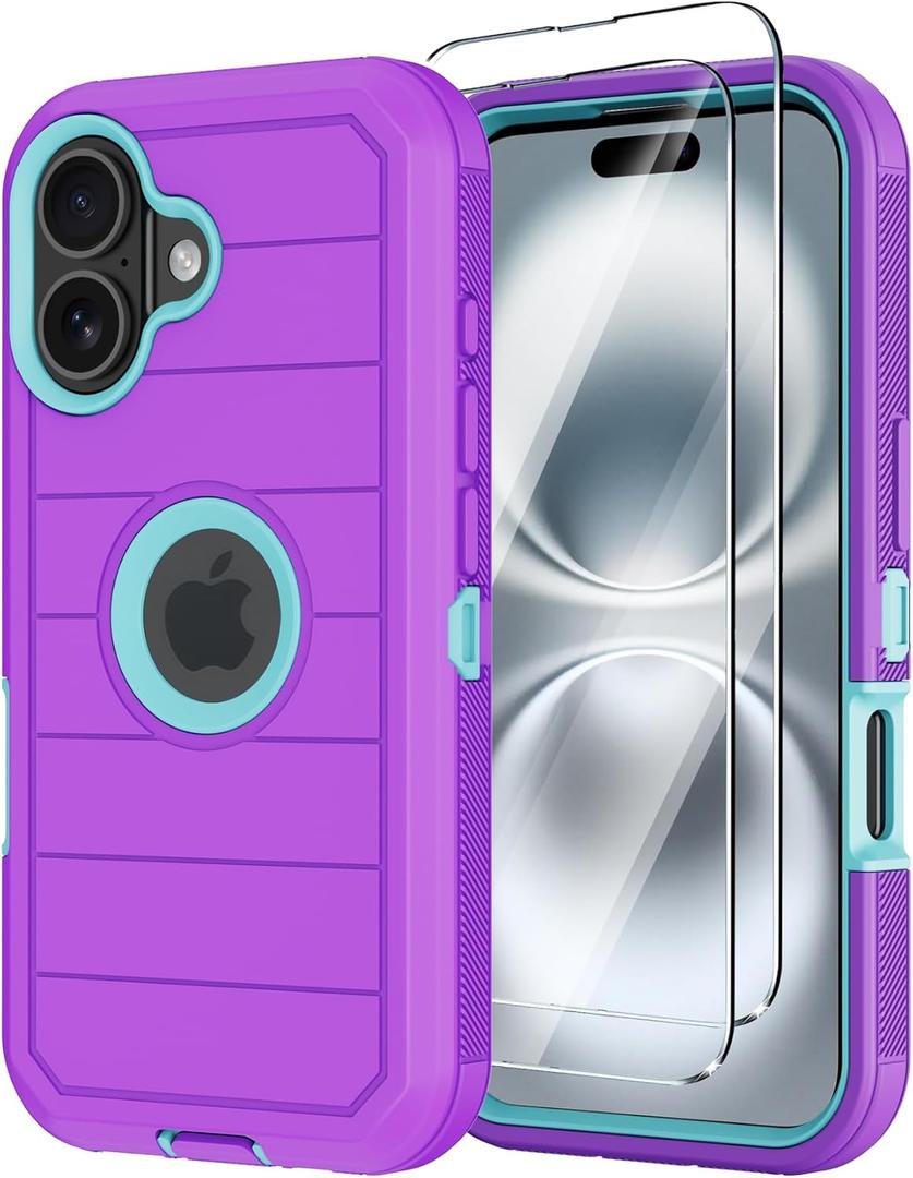 Annymall for iPhone 16 Case with Screen Protector,Heavy Duty 3-Layer Military Grade Drop Protection Cases,Full Body Shock-Absorbing Dust Proof Rugged Bumper Phone Cover for Apple 16 6.1" (Purple)