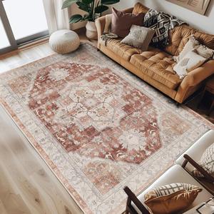 jinchan Area Rug 8x10 Floral Brick Red Rug Distressed Thin Vintage Retro Indoor Non Slip Carpet Kitchen Living Room Bedroom Dining Room (8'x10', Vintage Brick Red)
