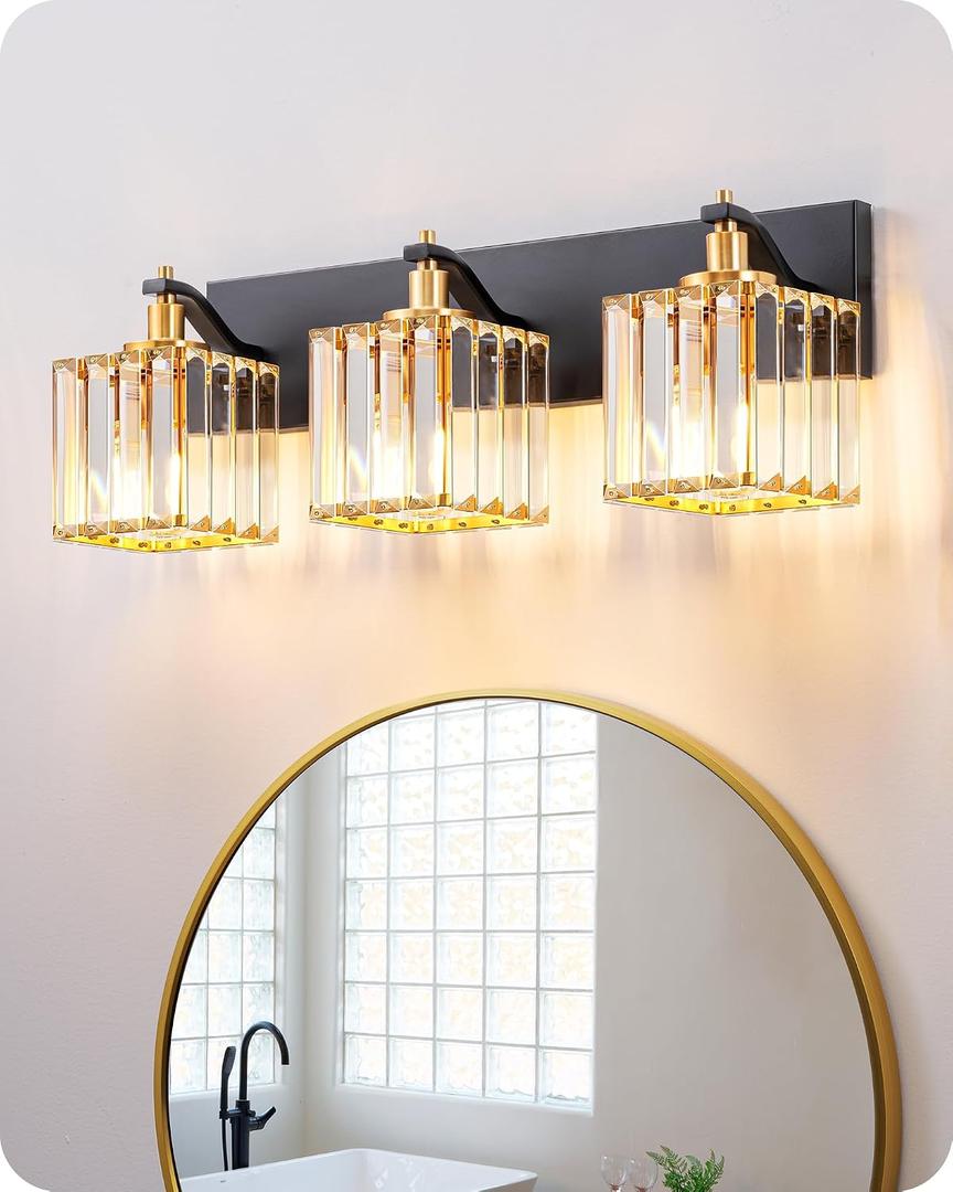 EDISHINE Bathroom Light Fixtures, 20.47'' Crystal Bathroom Vanity Lighting Fixtures Over Mirror, 3 Light Vanity Lights for Bath, Powder Room, Black and Gold, E26 Base