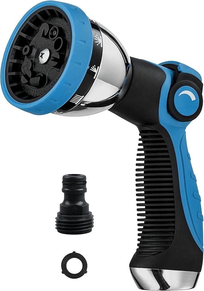 Garden Hose Spray Nozzle,10 Hose Metal Duty Watering Patterns Thumb Control On Off Valve, High Pressure Nozzle Sprayer for Plants, Car Wash,Cleaning,Showering Pets, Blue