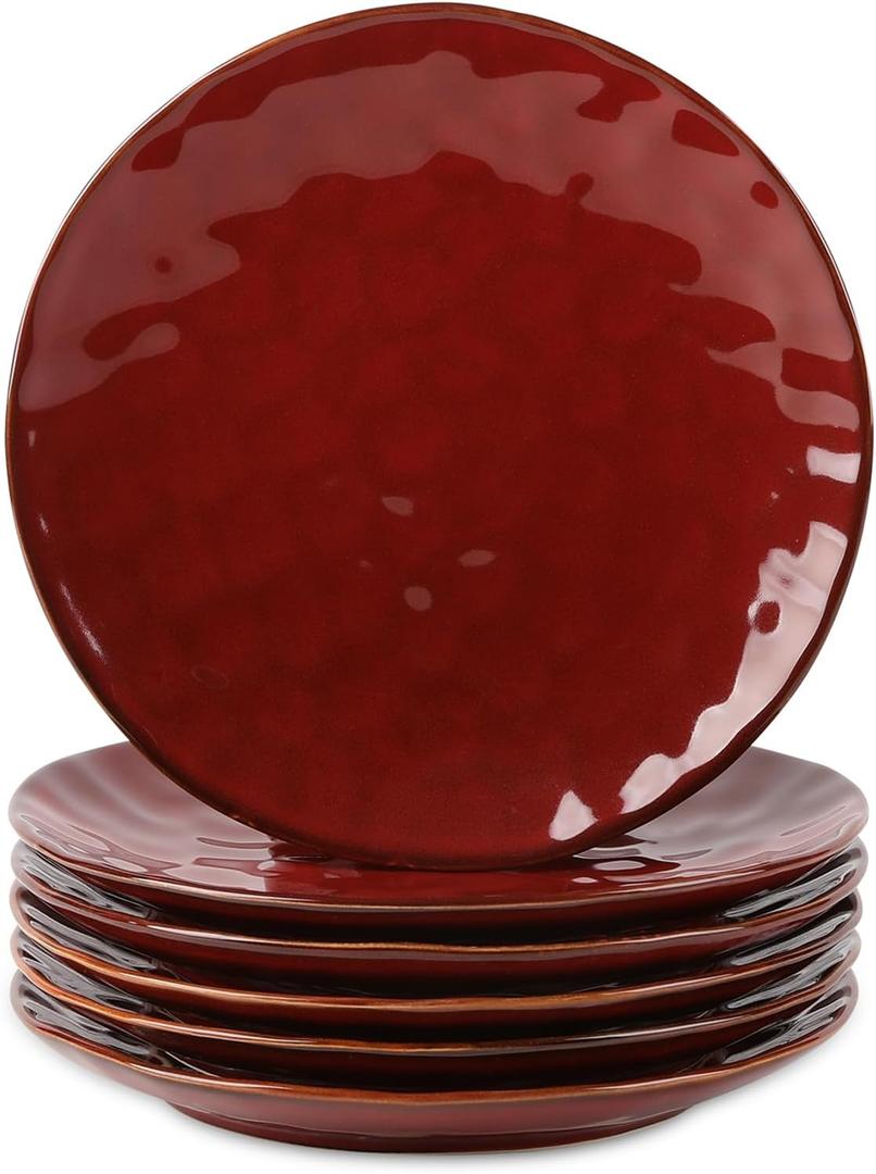 vicrays Ceramic Dinner Plates Set, 10.5 Inch, Set of 6, Round, Microwave, Oven, Dishwasher Safe, Porcelain Fluted Suitable for Steak, Pasta, Pizza, Home, Party, Restaurant (Cherry Red)