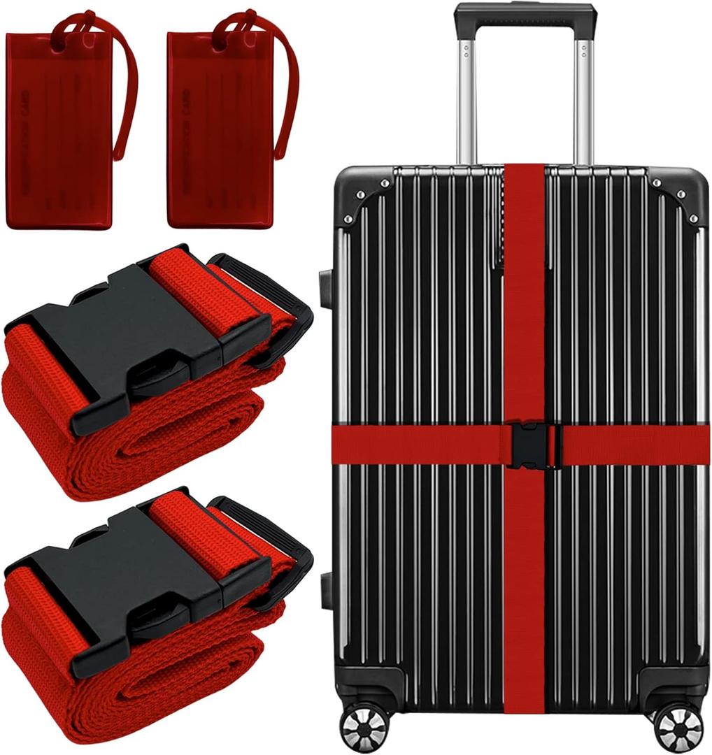 Leehoom 4 Pack Luggage Straps Set, Adjustable Suitcase Belts TSA Approved Silicone Luggage Tags Travel Suitcase Tags with Name ID Card - RED