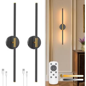 NIORSUN 27.6 Inch Battery Operated Wall Sconce Set of 2, Black-Gold Round Base Rechargeable Wall Lights with Remote, 3CCT Dimmable Wireless Wall Sconces for Living Room Bedroom Hallway