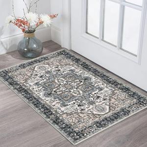 KOZYFLY Small Area Rug 2x3 Ft Rugs for Entryway Washable Boho Entry Rug Non Slip Door Mat Indoor Entrance Faux Wool Vintage Printed Kitchen Rug Throw Rugs for Entrance Kitchen, Black/Taupe/Beige