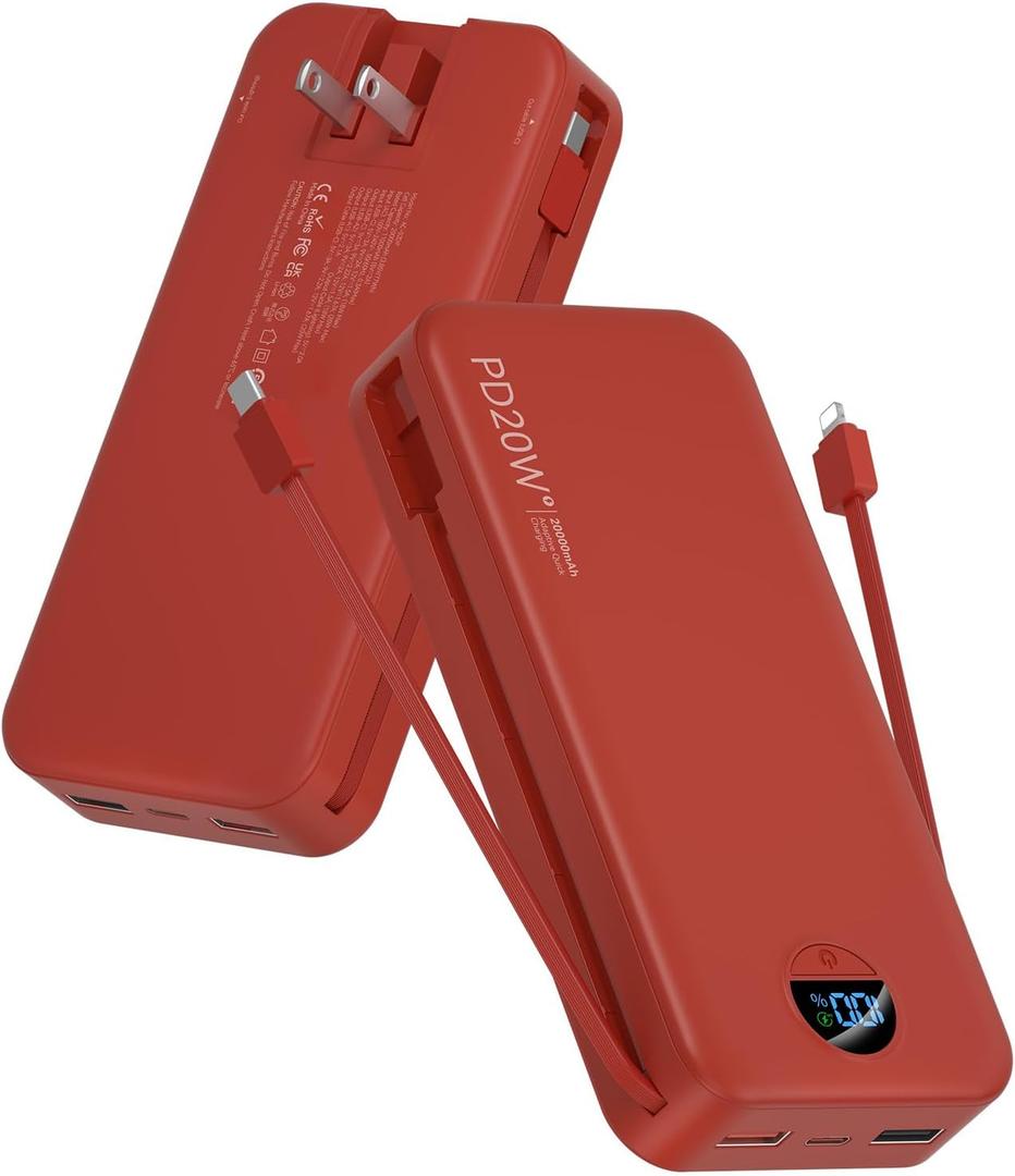 citicr Portable Charger Power Bank, 20000mAh PD20W USB C Fast Charging with Built-in Cables & Wall Plug, External Battery Bank with LED Display, Travel Essential for iPhone, iPad, Samsung Red