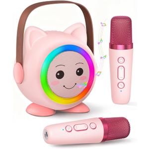 Mini Karaoke Machine Toy for Kids, Portable Karaoke Machine with 2 Wireless Microphone for 4,5,6,7,8,9,10,11,12+ Years Old Christmas Birthday Gifts Girls Boys (Pink)