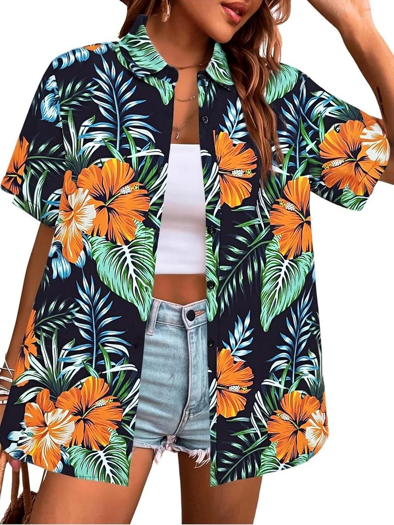 Women Hawaiian Shirt Floral Tropic Print Tee Hawaii Button Down Tshirt Beach T Shirt Summer Short Sleeve Tops (Green, M)